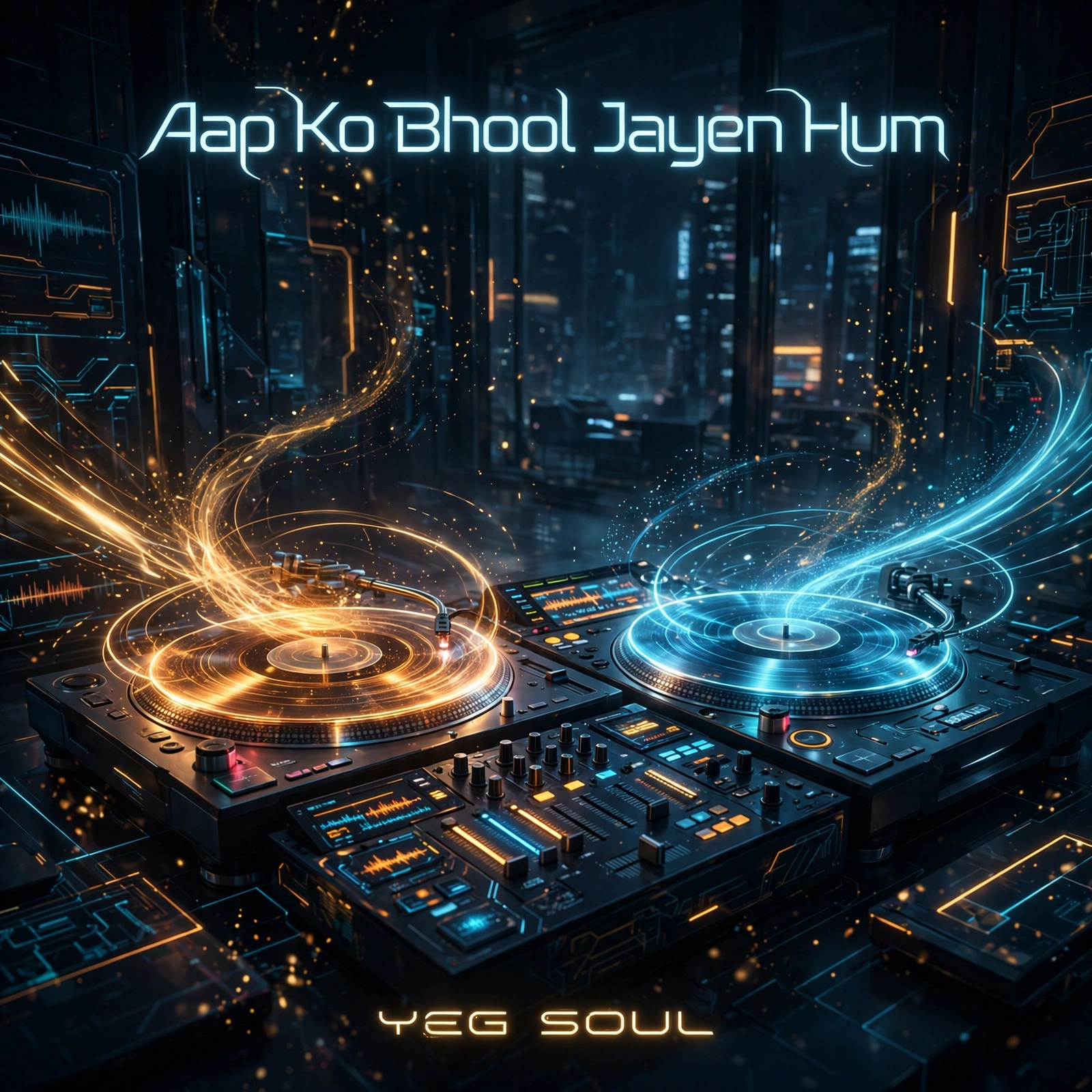 Aap Ko Bhool Jayen Hum cover — twin DJ turntables in a futuristic lounge, one glowing amber and one cyan, with light trails rising off the vinyl