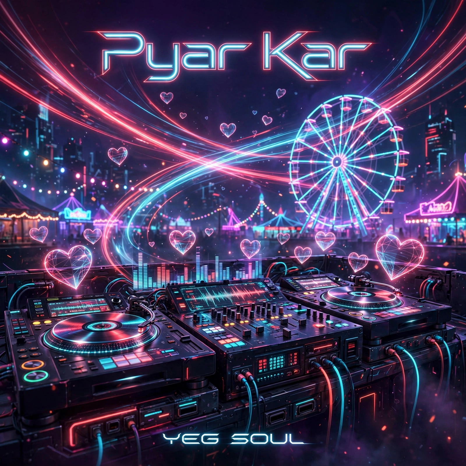 Pyar Kar cover — DJ turntables and a mixer at a neon fairground with a Ferris wheel and floating holographic hearts