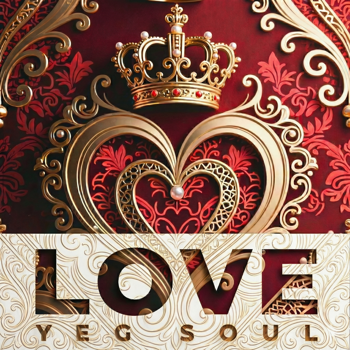 LOVE album cover — gold crown and heart on crimson